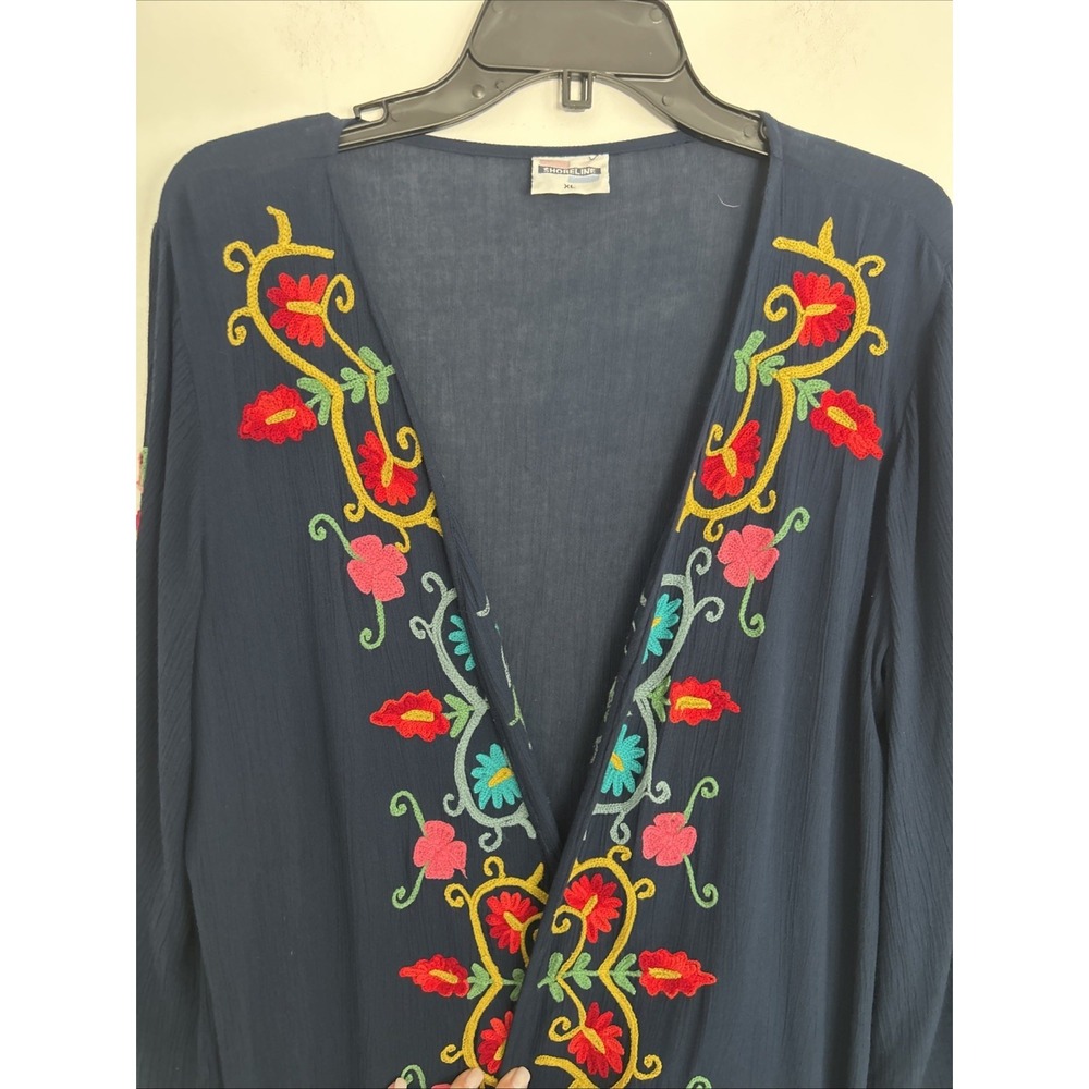 Shoreline Women's XL Embroidered Boho Open Front Fringe Hem Navy Kimono India